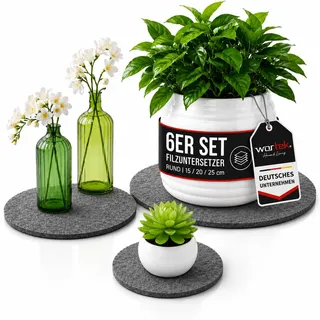 wortek Filzuntersetzer rund für Vasen Blumen Glas - 6er Set - 15cm / 20 cm / 25cm – Untersetzer Gläser Schwarz Topfuntersetzer Glasuntersetzer Tischuntersetzer Untersetzer Blumentopf Untersetzer Filz