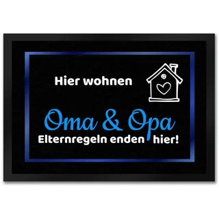 trendaffe - Hier wohnen Opa und Oma Fußmatte in 35x50 cm - Elternregeln Enden Hier in blau die Großeltern Schmutzfangmatte als Geschenk zum Geburtstag, Weihnachten oder Goldener Hochzeit für