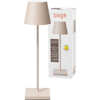 SIGOR Nuindie - Dimmbare LED Akku-Tischlampe Indoor & Outdoor, IP54 spritzwassergeschützt, Höhe 38 cm, aufladbar mit Easy Connect, 12 h Leuchtdauer, dünenbeige