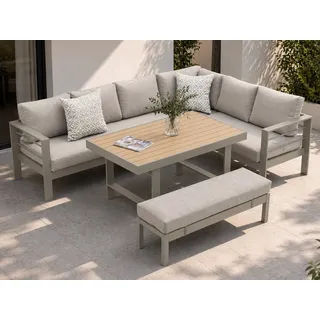 MeXo Gartenlounge-Set XXL Gartenmöbel Set Aluminium für 6-8 Personen, (Dining Loungeset Outdoor, 5-tlg., mit 12 cm dicken Sitzkissen, pflegeleichte Polywood-Tischplatte), wetterfeste Ecklounge mit Esstisch beige