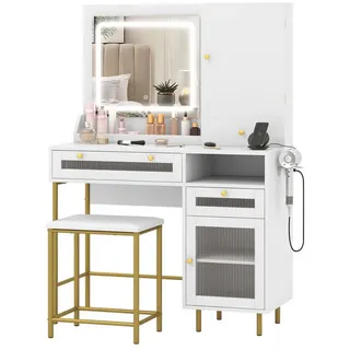 COSTWAY Schminktisch (1-St), mit LED & Ladestation, Hocker, Spiegel, Schrank weiß