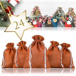 Ganzoo 24er Set Jutesäckchen Orange, 17,5 x 12,5 cm, Adventskalender Beutel zum Selbstbefüllen, 100% Jute Naturfaser, Kordelzug zum Verschließen, für Geschenk, Schmuck, Make-up, Süßes, DIY