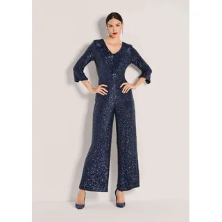 Madeleine Jumpsuit Eleganter Pailletten-Einteiler Glanzoverall mit V-Ausschnitt, weiten Culotte-Beinen und 3/4-Arm blau 44