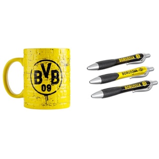 Borussia Dortmund, BVB-Tasse Gelbe Wand, Gelb, 1 Stück (1er Pack) & BVB-Kugelschreiber (3er-Set)
