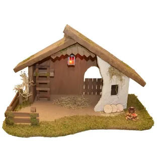 Alfred Kolbe Krippe Krippenstall ohne Trafo, mit Laterne, Busch, Lagerfeuer, Holz braun