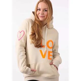 Kapuzensweatshirt ZWILLINGSHERZ Gr. SM, beige Damen Sweatshirts mit Aufschrift "LOVE" in Neon
