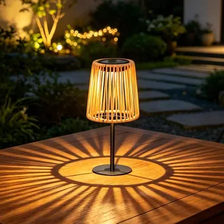 Solar Tischlampe Outdoor in Rattan Optik, Solarlampen für Außen Tisch mit LED, Gartendeko Gartenlampe Warm Weiß Beleuchtet, Wasserdicht Solar Tischlampe Kabellos für Garten Balkon Deko (LED Perle)