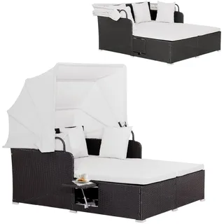 Rattan Lounge Gartenliege Doppelliege Gartensofa mit Faltbar Sonnendach & Kissen