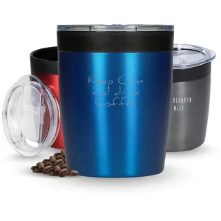 Edelstahl Thermobecher personalisiert - auslaufsicherer und doppelwandiger Kaffeebecher - Geschenk Weihnachten für Männer, Frauen und Kollegen - 280 ml Coffee to go Becher mit Wunschgravur, blau