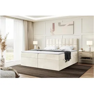 MEBLINI Boxspringbett mit Bettkasten - 180x220 - H3/Creme Samt - Lukas - Gepolstert Doppelbett mit Matratze und Topper - Polsterbett mit Stauraum - Bett mit Kopfteil - Stauraumbett
