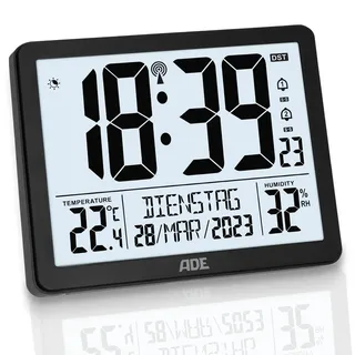 ADE Digitale Funkuhr mit sehr großen Ziffern | Tischuhr Wanduhr mit 2 Weckzeiten und Beleuchtung | Thermometer Hygrometer | schmaler Rahmen in matt schwarz