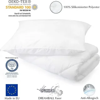 Bettdecke 135x200 + Kissen 80x80 – 4 Jahreszeiten Bettenset – Mikrofaser – Waschbar 95°C – Allergiker geeignet - Weiß