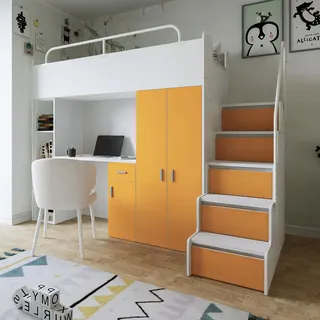 Marlux-Meble Hochbett Kinderbett JSM-4 80x190 mit Kleiderschrank Schreibtisch und Treppe Matt Kinderbetten Funktionsbett Etagenbett Stockbett Kinderhochbett Jugendhochbett (Orange Matt)