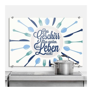 K&L Wall Art Gemälde ESG Glasbild Spritzschutz Küche lustiger Schriftzug Geschirr kann warten Leben nicht, Küchenrückwand aus Sicherheitsglas blau 60 cm x 40 cm