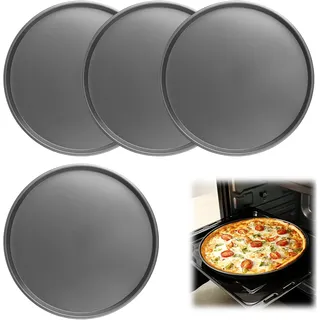 4 Stück Pizzablech Set, Pizzablech Rund 28cm, Kohlenstoffstahl Pizzablech | Hitzebeständig Pizzablech Für Pizzaofen Bis 230 Grad, Pizza Teller, Backblech Rund, Runde Pizzaform, Schwarzes