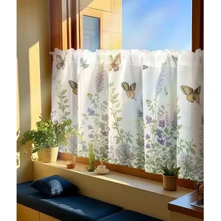 Daliena Kurzgardine mit Blumen Schmetterlinge Scheibengardinen Landhaus Stil Küchengardinen Halbtransparent Cafe Vorhang Fenstergardine mit Drucken (BxH 130x55cm) weiß 1 stück