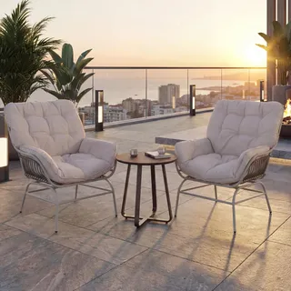 2er-Set Gartenstuhl MCW-P75, Gartensessel Loungesessel, Stoff 220g/m2 Poly-Rattan Metall ~ hellgrau, Polster beige