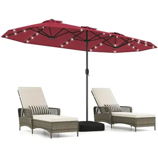 COSTWAY Doppelsonnenschirm 400x200 cm mit Ständer und LED-Beleuchtung | Sonnenschirm Groß XXL, UPF 50+, Gartenschirm mit Kurbel, Terrassenschirm, Marktschirm für Garten, Terrasse, Rot