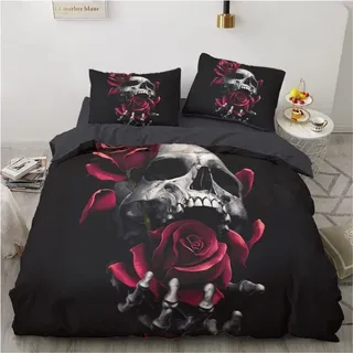 Bettwäsche 200x200 cm, Rosen und Totenköpfe, Mikrofaser, für Halloween
