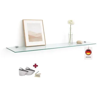 HOOZ Wandregal Glasregal, Wandablage ESG 18cm tief, rechteckig, inkl. Halter 30-100cm, Regal Glas, Platzsparende Wandboard für Dusche, Bad, Küche oder Wohnraum weiß 100 cm