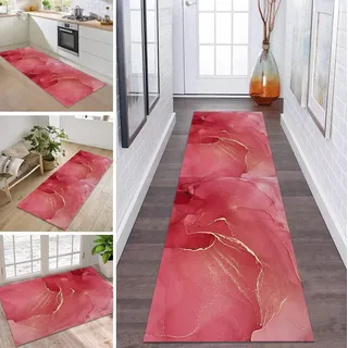 ZDYHMrj Teppich Läufer Flur Küche rutschfest waschbar Teppichläufer Lang 80X240CM Rosa Gold Modern Design Meterware Korridor Tepiche Esszimmer Schlafzimmer Wohnzimmer Schmutzfangmatte Küchenteppich
