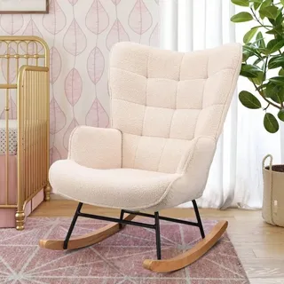 Schaukelstuhl, Mit Massivholzbeinen, Gepolstertem Rücken, Armlehnen, Im Skandinavischen Stil Aus Sherpastoff - Beige