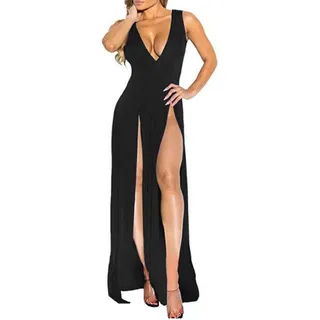 Sexy Damen-Kleid, Bandage, seitlicher Schlitz, V-Ausschnitt, ärmellos, figurbetont, Clubwear, Maxi-Weste, Schwarz, Groß - L