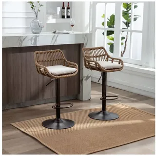 OKWISH Stuhl 2er Set Barhocker Rattan 360° Drehbar, Höhenverstellbar (Set aus 2 Verstellbaren Barhockern mit Fußstütze – Höhenverstellbar, 360° drehbar, Rattan-Stil, Vintage Gold, Stabile Metallbasis, Perfekt für Küche und Esszimmer – Max. 150 kg Belastbarkeit, 2 St)