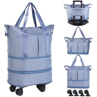 VOOWO Reisetasche mit Rollen, erweiterbar, faltbar, mit Rädern für Reisen, Rollgepäck, Handgepäck, Reisetasche, große Wochenendtasche für Damen und Herren, Blau, Erweiterbare Reisetasche mit Rädern