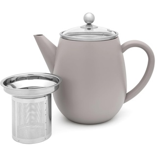 Bredemeijer graue doppelwandige Teekanne 1.1 Liter - isolierende Edelstahl Kanne mit Glasdeckel & Tee-Filter-Sieb