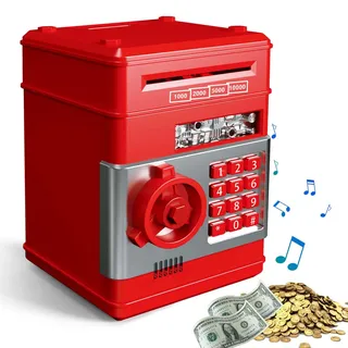 Spardose Für Kinder, ATM Sparschwein, Digitale Spardose Mit Passwort, Geldsparbox Mit Passwort Code Lock & Auto Money Scroll, ATM Sparschwein Kinder Für Münzen Scheine Geschenk (Rot)