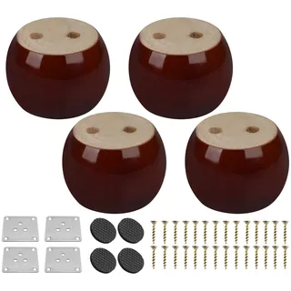 Btowin 5cm Holz Möbelfüße, 4 Stück Runde Massivholz Tischbeine Kugelfüße mit Montageplatten & Schrauben für Bett TV Schrank Sofa Couch