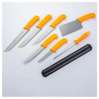 HOOZ Messer-Set Fleischermesser Set 8-teilig Profi Messer mit Magnetleiste & Wetzstahl (8-tlg), 8-teiliges Fleischermesser Set mit Wetzstahl und Magnetleiste gelb