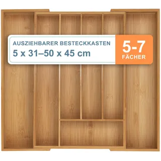 Relaxdays Besteckkasten Ausziehbar 5–7 Fächer 50 x 5 x 45 cm Holz Braun