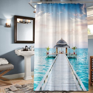 Musihy Duschrollo Kassette 80Cm, Blue Shower Curtains Ozean und Pavillon Duschvorhänge Badewanne Badevorhang Schmal