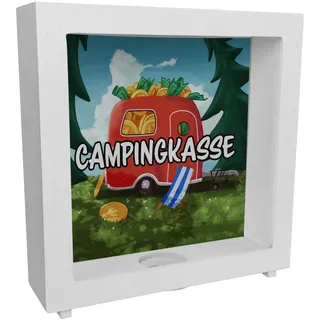 Rahmen Spardose aus Holz aus Keramik mit Camper Motiv und Text - Wohnwagen im Wald Campingkasse für Camper und für die nächste Reise eine lustige Geschenkidee für Menschen die