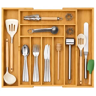 Refined Living Besteckeinsatz Ausziehbarer Besteckkasten Bambus Schubladen Organizer,Besteckeinsatz (Flexibler Besteckeinsatz, ausziehbar von 32 bis 53,5 cm, Besteckeinsatz Schubladen Organizer mit 7–9 Fächern, Besteckhalter, Küchen Organizer für, Schubladeneinsatz Aufbewahrungsbox, Vielseitiger Schubladeneinsatz, 1 St., Platzsparendes, Hochwertiger Bambus mit stabiler Verarbeitung), für Küche,Besteck,Messer,Gabeln,Löffel,Büroartikel,Werkzeuge,Kosmetik beige