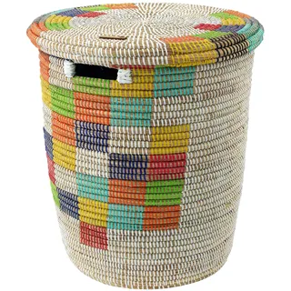 Handgeflochtener afrikanischer Wäschekorb - Yaadu Korb Numu - made in Afrika - aus Savannengras - mit flachem Deckel - Höhe gemessen mit Deckel ca. 43 cm (weiß-bunt-rechteck)