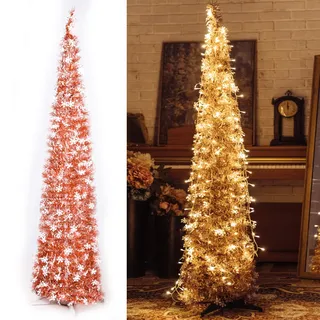 Künstlicher Pop-Up-Weihnachtsbaum mit 100 LED-Lichtern, zusammenklappbarer Bleistift-Weihnachtsbäume für Urlaub, Karneval, Party, Weihnachtsdekoration (Roségold)