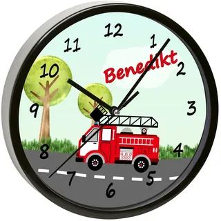 CreaDesign, Wanduhr Kinder personalisiert mit Name, Motiv Feuerwehr Landschaft, Rahmen Wanduhr schwarz, Ø 19,5 cm