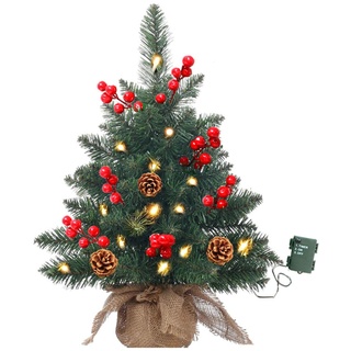 Mini Weihnachtsbaum mit LED-Lichterkette Künstlicher Tisch-Weihnachtsbaum mit Tannenzapfen und roten Beeren, Kleiner Weihnachtsbaum für Home Office Bar Esstisch Dekorationen