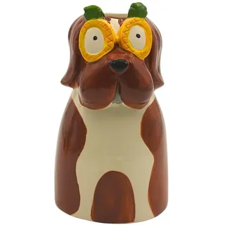 Dekohelden24 Blumenvase, Dekovase, Pflanzenvase, Tischvase, Tiervase, Hundevase,Hund mit Sonnenbrille, dekorativer Pflanztopf aus Keramik, in braun, Größe: L/B/H 10 x 10 x 20 cm.