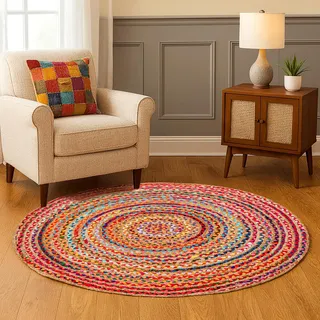 Hausattire Geflochtener böhmischer Teppich, 122 cm, rund, mehrfarbig, kreisförmig, Bauernhaus, Jute, Baumwolle, Flickenteppich für Küche, Kinderzimmer, Spielzimmer, bunt, handgewebt, wendbar,