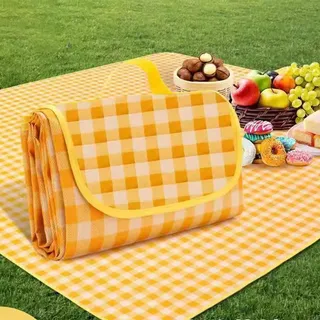 Generisch Picknickdecke Wasserdicht, faltbar Picknickdecke Karier, 200x200cm Zeltkissen für den Außenbereich, verdickte Campingmatte aus Aluminiumformstoff für Frühlingsausflug(Gelb)