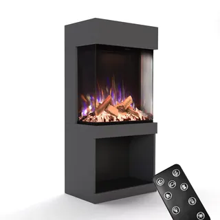 GLOW FIRE Kaminofen PR12 mit realistischem 3D E-Motion LED-Feuer - Stand-Elektrokamin mit Heizung und Kaminfeuer, Knistereffekt & Timer, max. 1500 W, 61,5x130x40cm, Grau