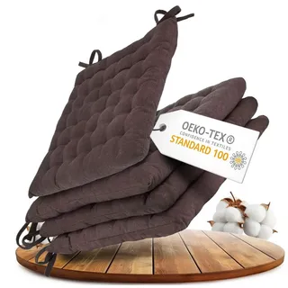 Gräfenstayn Stuhlkissen 4er Set Baumwoll Sitzkissen 40x40x5cm Haltebänder Indoor Outdoor, robustes Sitzkissen für Indoor & Outdoor, mit Haltebändern braun