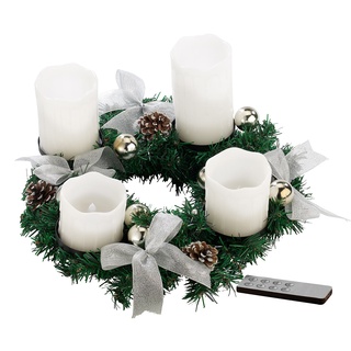 Adventskranz mit weißen LED-Kerzen, silbern geschmückt