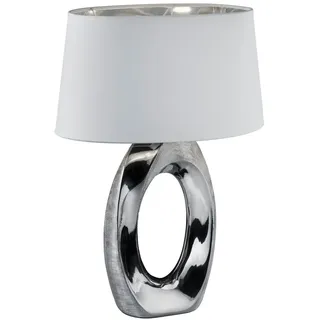 meineWunschleuchte Tisch-leuchte mit Keramikfuß & Stoffschirm Silber Weiß | Höhe 52cm, mit E27 LED stufenweise dimmbar, mit Schurschalter, modernes Design, dekorative große Nachttischlampe