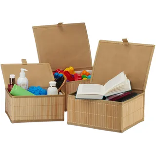 Relaxdays Aufbewahrungskorb 3er Set, Deckel & Stoffeinsatz, Bambuskorb, dekorative Aufbewahrungsbox, 3 Größen, natur,