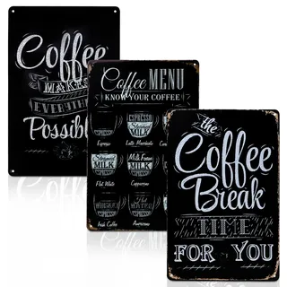 HMIEPRS 3 Stück Retro Kaffee Blechschilder, Vintage Blechschild, Metallschilder Kaffee Poster, Metall Coffee Wandschild Menu, Wand Schild Dekoration für Bar Cafe Kneipe Küche Geschenk(Schwarz + Weiß)